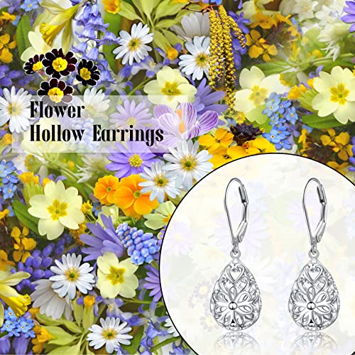 925 Sterling Silver Filigree Dangle Drop Leverback Teardrop Earrings - color: Daisy Filigree Earrings
