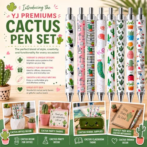 8PC Cactus Pens Ballpoint Writing Pen Black Ink for School Classroom Office Desk Decor Supplies Decoration Theme Notebook Journal Western Stuff Party Favor Stationary Souvenir Novelty Gifts - style: Cactus