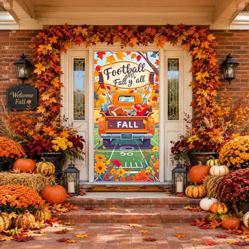 BlissYard Fall Door Cover Football Decor Tailgate Party Truck 35x71 Inch - color: Orange Truck Helmet Field