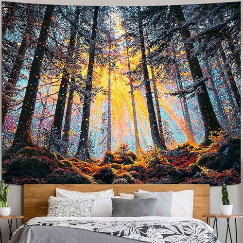Lunerfex Radiant Forest Wall Tapestry, Trippy Sunlit Trees Tapestries for Room Decor, Magical Tapestry 80x60 Inch - color: Deep Blue Green, size: 80"L x 60"W