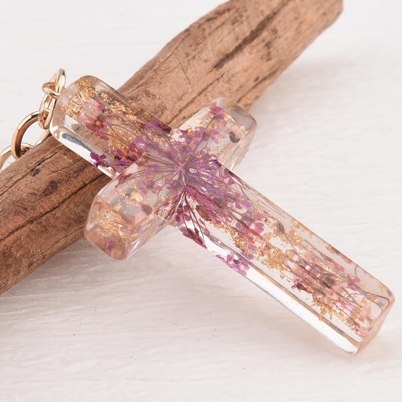 Flower Cross Keychains for Women Christian Gifts for Girls Daughter Religious Bag Charm Keyring Christian Keychain - color: Purple
