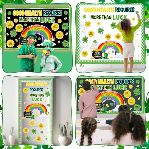 St. Patrick's Day Health Bulletin Board Lucky Shamrock Bulletin Board Decorations Rainbow Gold Coin Paper Cutouts for St. Patrick Party Supplies Home Classroom Chalkboard Wall Door Window Decoration - style: St. Patrick's Day Health