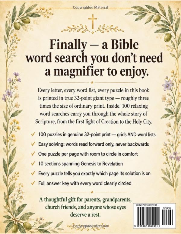 Giant Print Bible Word Search for Seniors: 100 Jumbo Easy-to-Read Puzzles in Extra Large 32-Point Print — A Journey Through Scripture from Genesis to ... Key (Discover & Solve Word Search Series)