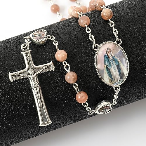 Nazareth Store Natural Stone Beads with Miraculous Epoxy Heart Metal Beads Rosary Necklace Gemstone Christian Gifts - color: Sunstones