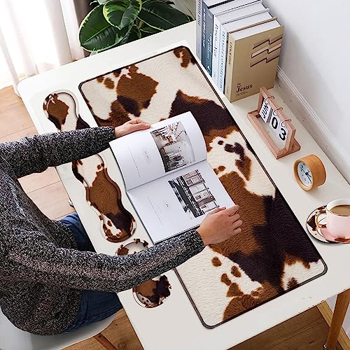 4 in 1 Mouse Pad Combo, Large Gaming Mouse Pad + Keyboard Wrist Support + Mouse Wrist Rest + Coaster, Table Pad with Stitched Edge Memory Foam Ergonomic Wrist Pad Set, Cow Hide Print - color: Cow Hide Print