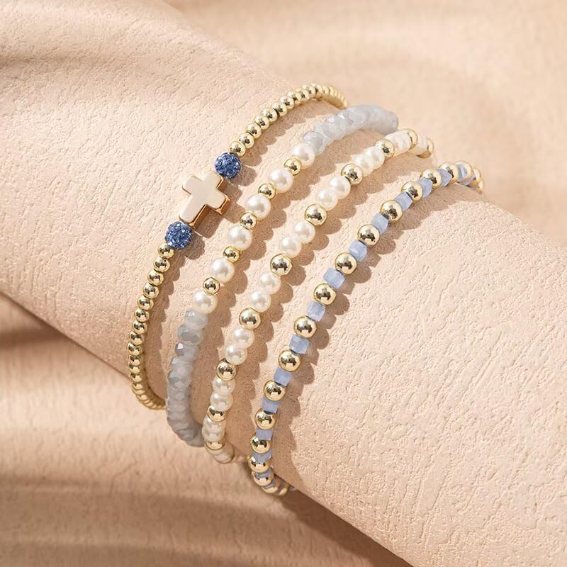 Colorful Cross Charm Bracelets for Women Men Adjustable Gold Plated Beaded Bracelet Boho Bead Ball Stretch Bracelet Birthday Summer Beach Jewelry - color: Sky Blue