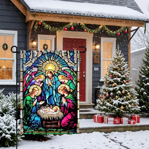 IVN Merry Christmas Nativity Scene Garden Flag 12x18 Inch Double Sided - color: Christmas Stained Glass Three Kings