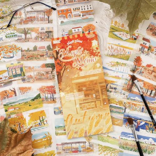 Fall Scenery Sticker Book, PET & Washi Stickers for Journaling - color: Gold-maple Memo