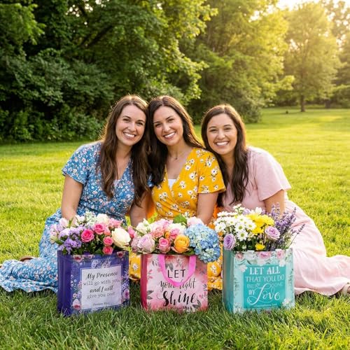 Mowouhn 32 Pcs Flower Christian Gifts Bags with Handles Religious Gifts Bag Bulk for Women, Non-Woven Reusable Bible Verse Scripture Tote Baptism Church Holiday Inspirational Christian Party Favor