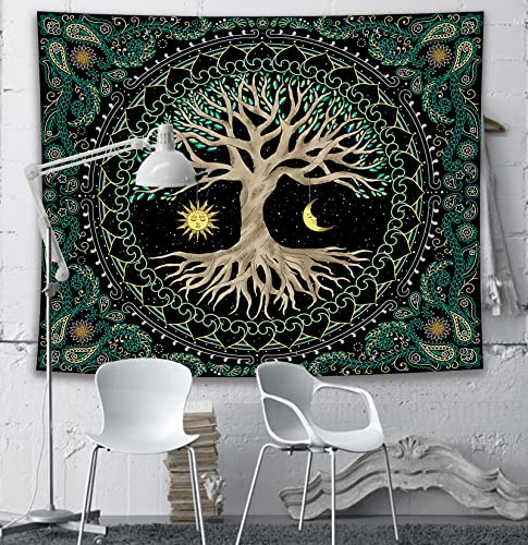 FORATER Tree of Life Tapestry Wall Hanging Aesthetic Sun and Moon Tapestry with Vintage Paisley Flowers Colorful Tree Wall Tapestries for Bedroom, Living Room, Dorm(53 x 61 inches, Multicolor) - color: Paisley Green, size: 61"L x 53"W