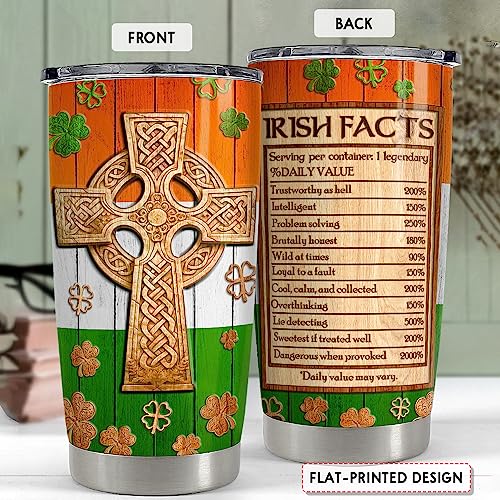 SANDJEST Irish Tumbler 20oz Celtic Cross Irish Fact Stainless Steel Tumbler with Lid Gifts for Women Birthday Christmas - color: Irish