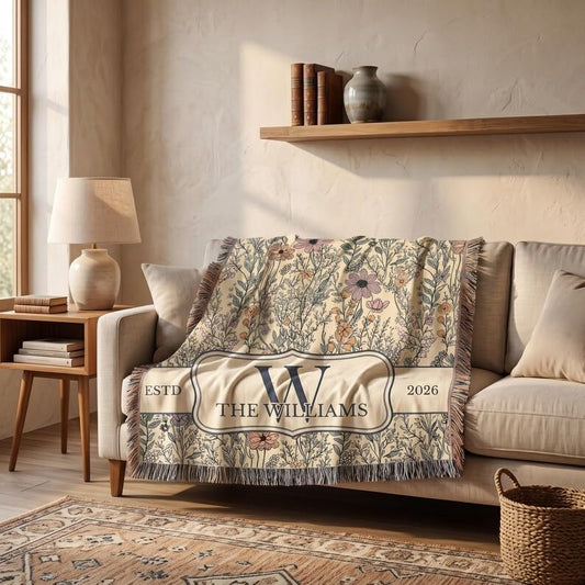 Chillever Personalized Monogram Woven Blanket with Last Name, Custom Floral Throw Blankets for Couch Bed, Cotton Anniversary Wedding Gift for Couple, New Home Housewarming Presents 5 - color: A8