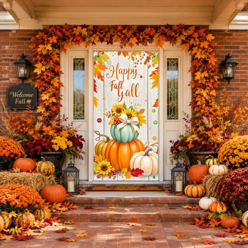 BlissYard Fall Door Cover Thanksgiving Decor Pumpkin Sunflower 35x71 Inch - color: Beige Happy Fall Y’all