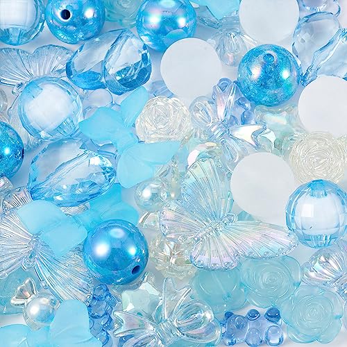 FASHEWELRY Assorted Blue Acrylic Beads Transparent Heart Butterfly Bowknot Flower Beads Gummy Chunky Cute Pony Bead Bulk for Bracelets Necklaces Key Chains Jewelry Making, 80pcs - color: Deep Sky Blue Beads