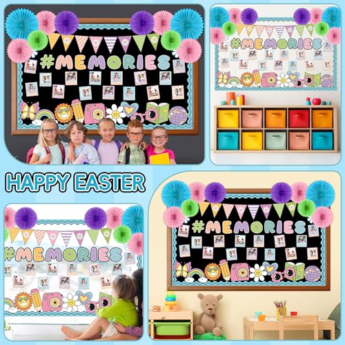 Pastel Groovy End of Year Bulletin Board Set 2026 Graduation Picture Frame Memories Classroom Decoration Paper Fans 3D DIY Hanging Cutouts for First Day of School Classroom Chalkboard Wall Decor - style: Pastel Memories