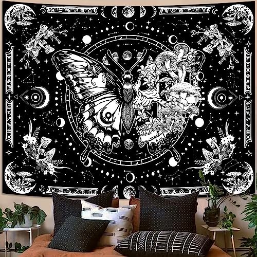 Fungarth Skeleton Butterfly Tapestry Black and White Skull Mushroom Plants Tapestries Hippie Aesthetic Tapestry Wall Hanging for Bedroom Living Room Dorm (Black, 80” x 60”) - color: Black, size: 80"L x 60"W