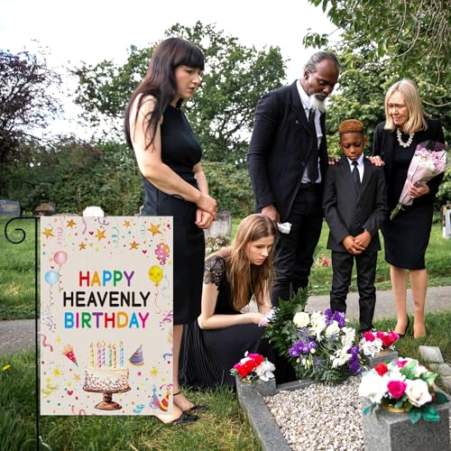 Happy Cemetery Decorations for Grave, 12x18 Inchers Heavenly Birthday Garden Flag Courtyard Lawn Outdoor Decoration, Cemetery Funeral Sign Memorial Flags for Farmhouse Decor Supplies - color: Colorful
