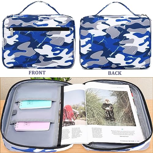 JIANYA Bible Cover for Boys Kids Bible Case Book Carrying Case Childrens Bible Protective Bag with Handle and Zippered Pocket, Camo Blue