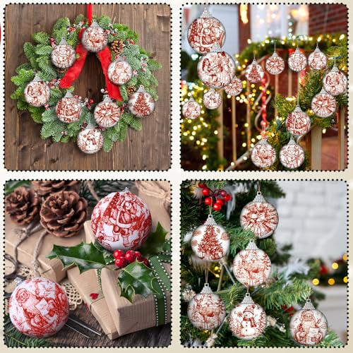 Outus 16pcs Red Toile De Jouy Santa Snowman Christmas Ball Tree Ornaments - color: Red Christmas, size: 2.17''