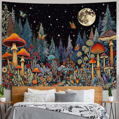 Fungarth Vintage Mushroom Forest Tapestry Butterfly Pine Trees Plant Floral Tapestries Wall Hanging Hippie Moon Night Small Tapestry for Bedroom Living Room Study Classroom Dorm 60 x 44 inch - color: Forest Path, size: 60"L x 44"W