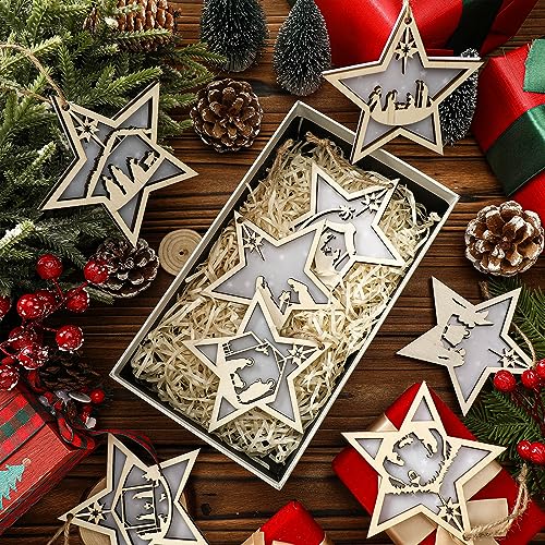 Bucherry 8 Pcs Christmas Nativity Scene Ornaments Wood Christmas Hanging Ornament Acrylic 3D Cut File Ornament Nativity Scene Keepsake for Xmas Tree Birth of Jesus Decoration(Star) - style: Star