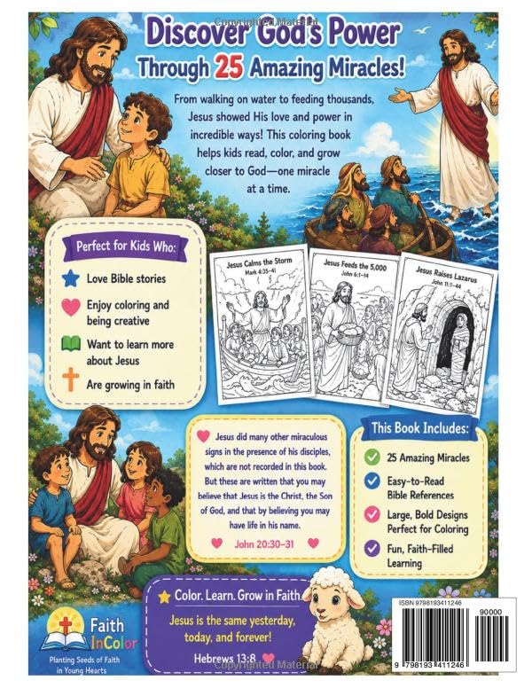 The Miracles of Jesus Coloring Book for Kids: 25 Amazing Bible Miracles to Color and Learn