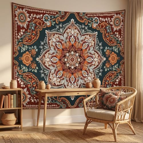 Motanber Vintage Mandala Tapestry Wall Hanging Boho Floral Tapestry Aesthetic Bohemian Flower Hippie Retro Indian Cute Small Tapestries for Bedroom Living Room Dorm Decor 48 x 36 Inch - color: Dark Red Green, size: 48"L x 36"W