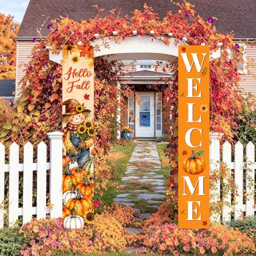 Fall Welcome Banner Porch Sign Hello Fall Banner Front Door Outdoor Decor - color: Welcome4