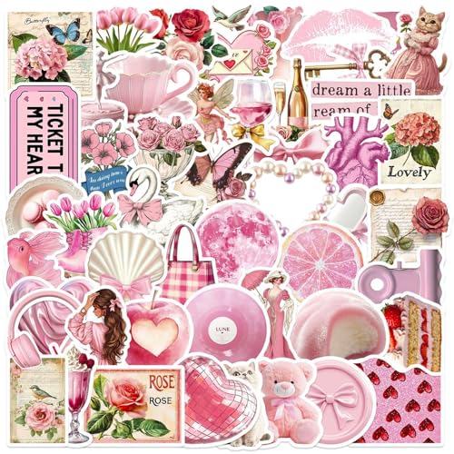 DothRayan 100pcs Vintage Pink Girls Stickers, Y2K Coquette Pink Aesthetic Waterproof Stickers for Water Bottles,Laptop Scrapbook Computer Phone Guitar Aesthetic Decals - color: Downtown Girls C