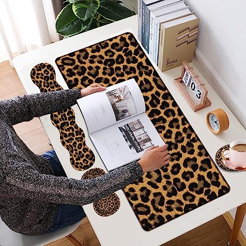4 in 1 Mouse Pad Combo, Large Gaming Mouse Pad + Keyboard Wrist Support + Mouse Wrist Rest + Coaster, Table Pad with Stitched Edge Memory Foam Ergonomic Wrist Pad Set, Leopard Print - color: Leopard Print