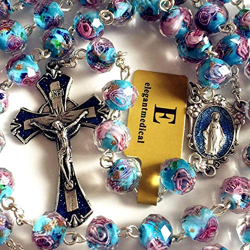 elegantmedical HANDMADE Bule Veluriyam Beads Rosary Necklace Crucifix Cross Catholic Gift