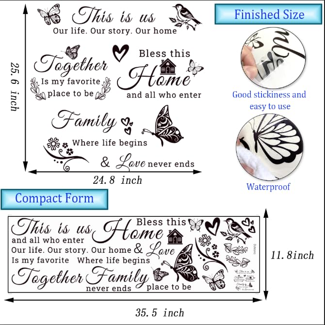 Family Vinyl Wall Decor Stickers This is Us, Together, Home, Family Scripture Quote Wall Decals, Butterfly Decal Inspirational Quotes Sticker Set for Home Office Decor(Black)