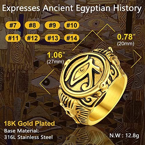 ChainsProMax Can Engrave Men Ancient Egyptian Eye of Ra Ankh Cross Ring, Size #7-#14, Stainless Steel/Gold Plated/Black (Send Gift Box) - color: Engrave-Eye of Ra-golden