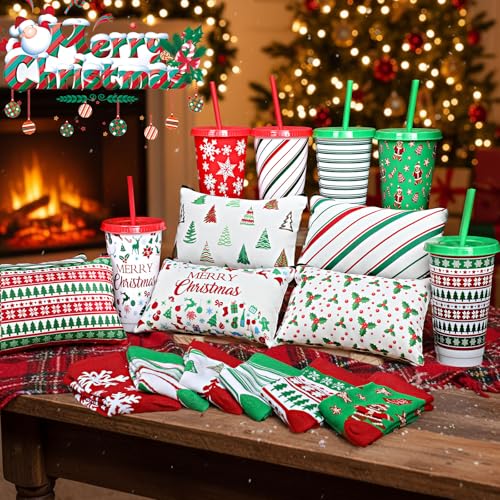 Funnymoom 24 Pcs Christmas Gifts Set Include 24 oz Merry Christmas Plastic Tumbler Cup with Lids and Straw Makeup Cosmetic Bag Crew Santa Sock Keychain for Xmas Party Favor Winter Friendmas Gifts - style: Pine and Berry