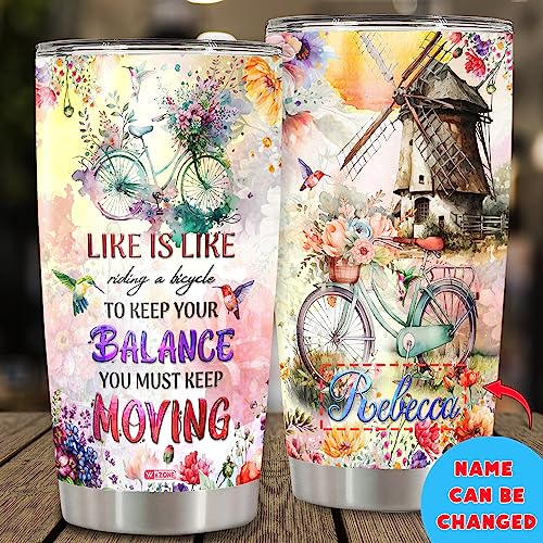 WAZONE Personalized Tumbler Life Is Like Riding A Bicycle Bicycling Gifts Things For Biker Women Bicyclist Vintage Cycling Stainless Steel Cup With Name 20oz 30oz Flower Windmill Travel Mug - color: Bicycle