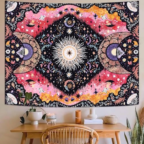 Faxdong Pink Sun Moon Star Tapestry,Vintage Boho Abstract Aesthetic Geometric Tapestries, Hippie Decor for Bedroom Yoga Meditation Room Living Room - color: Pink, size: 48"L x 36"W