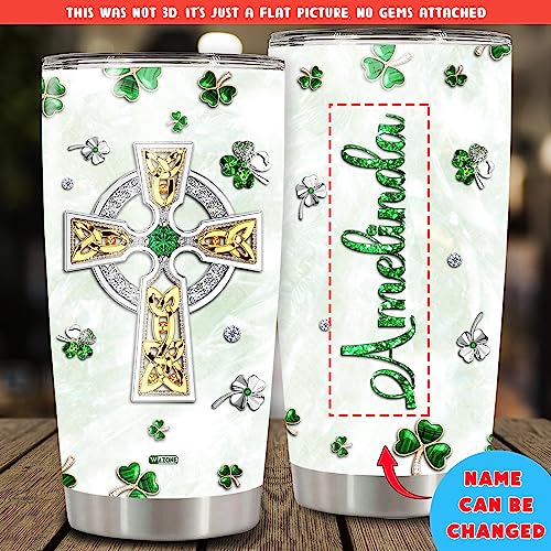 WAZONE Personalized St Patricks Day Tumbler With Lid Custom Name Stainless Steel Insulated Travel Mug Customized Gifts Green Shamrock Triquetra Celtic Knot Cross Ireland For Women Christian - color: Patricks