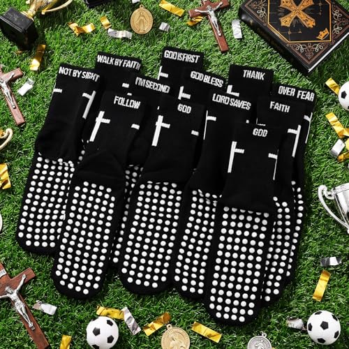 Janmercy 6 Pairs Grip Soccer Socks for US 6-11 Anti Slip Sport Socks with Cross Bible Verse Gift for Men women - color: Black