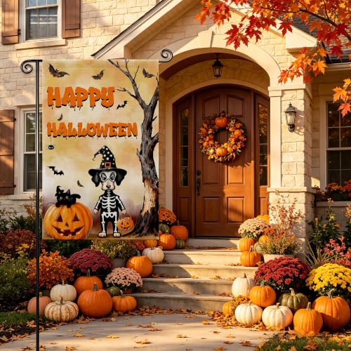 Halloween Dachshund Garden Flag for Skeleton Dog Outside Decor 12x18in - color: Black Dog & Black Cat