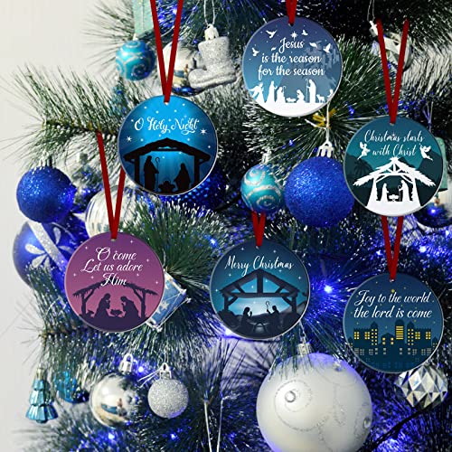 Karenhi 6 Pcs Nativity Christmas Ornaments Oh Holy Night Christmas Decorations Christian Religious Ornaments for Xmas Tree Ceramic Round Jesus Nativity Xmas Tree Hanging Decorations Christian Gifts - style: Elegant