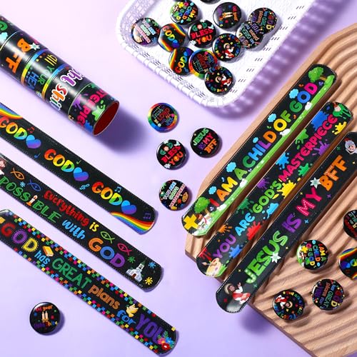 Frienda 60 Pcs Christian Gifts Bulk Pack, Religious Slap Bracelets with Button Pins, Bible Verse Jesus Loves You Wristbands, Faith Party Favors for Sunday School Church Classroom Prizes(Jesus) - style: Jesus