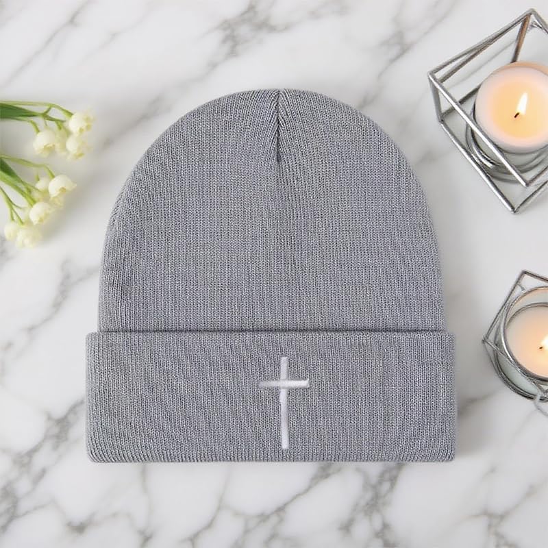 Unisex Stretch Warm Winter Skull Cap, Cold Weather Knit Beanie - color: Grey - 3d Cross Embroidery