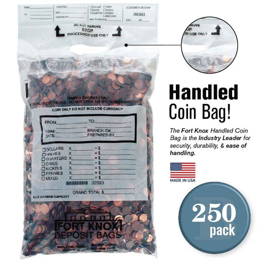 BankSupplies Poly Coin Bags | 13W x 22H | 250 Pack | Tamper Evident Seal | Single Handled | Holds up to 50 lbs. of Coin | Sequential Numbering & Tear Off Receipt - size: 13W x 22H | Box of 250