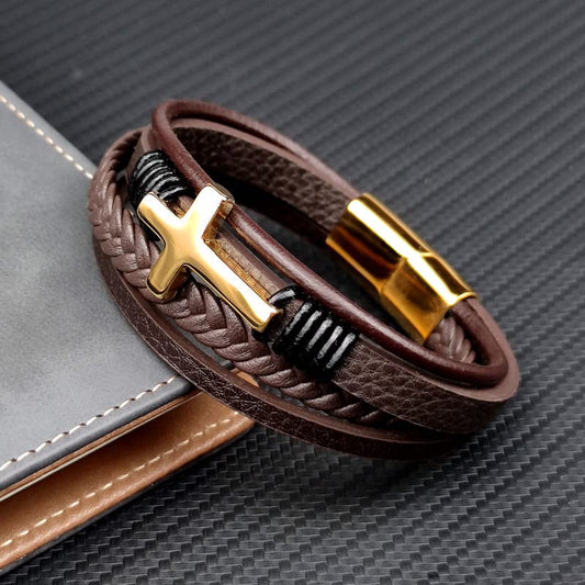 Mens Brown Leather Bracelet Multi-Layer Braided Leather Cross Bracelet Religious Confirmation Gifts - color: Brown Leather Gold Cross