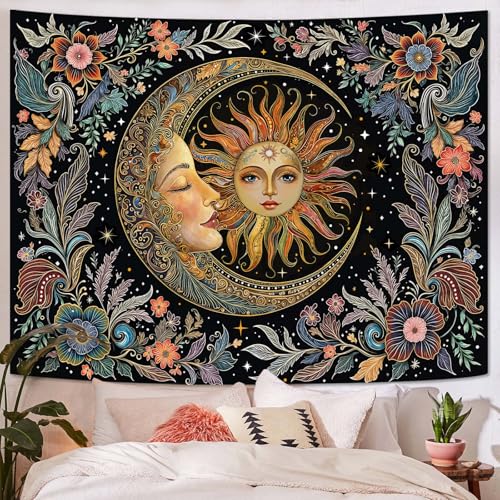 Fungarth Sun and Moon Tapestry Hippie Boho Floral Wall Tapestry for Bedroom Aesthetic Vintage Plant Celestial Spiritual Botanical Small Tapestries Wall Hanging for Living Room Dorm 60 x 44 Inch - color: Hippie Plant, size: 60"L x 44"W