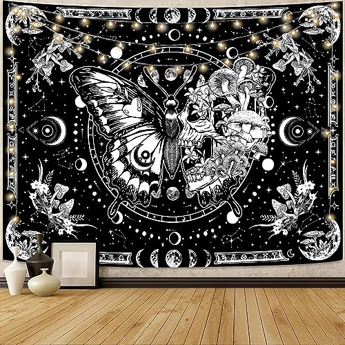 Fungarth Skeleton Butterfly Tapestry Black and White Skull Mushroom Plants Tapestries Hippie Aesthetic Tapestry Wall Hanging for Bedroom Living Room Dorm (Black, 60” x 44”) - color: Black, size: 60"L x 44"W