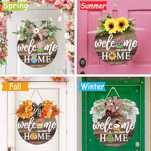 Interchangeable Welcome Sign for Front Door with 4 Seasonal Wreaths 21 Changeable Icons, Farmhouse Rustic Outdoor Welcome Signs Porch, Spring Winter Fall Decorations for Home House Warming Gifts