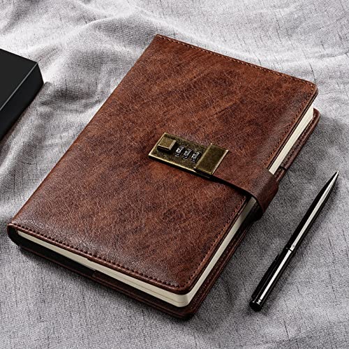 WEMATE Diary with Lock, A5 PU Leather Journal with Lock 240 Pages Brown - color: Brown
