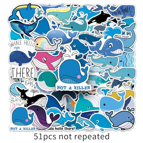 51pcs Whale Stickers - Waterproof Vinyl Suitable for Water Bottles, Cups, Laptops, Rollers, Diaries, Scrapbooks, Bikes, Skateboards, Luggage - color: Whale Theme Stickers