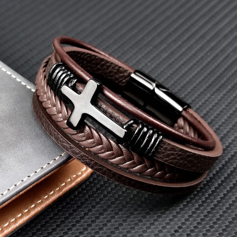 Mens Brown Leather Bracelet Multi-Layer Braided Leather Cross Bracelet Religious Confirmation Gifts - color: Brown Leather Black Cross